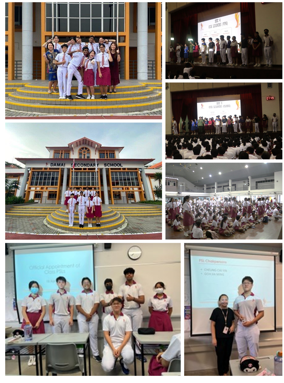 Collage of students in uniforms posing at school, on stage assemblies, in hall, and classroom presentations.